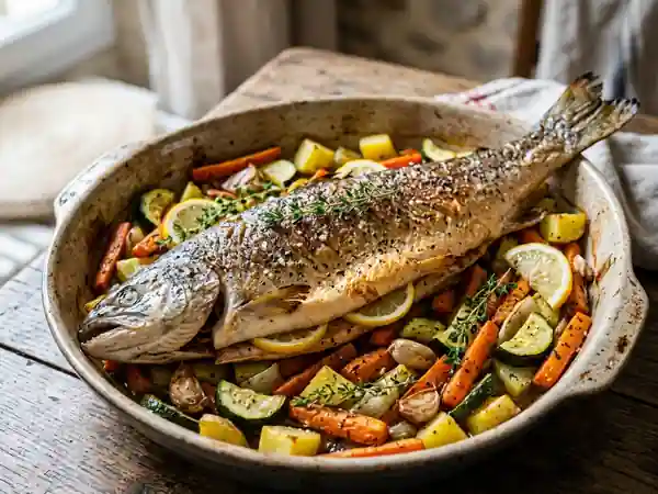Saumon entier rôti au four accompagné de légumes de saison - Photo de présentation