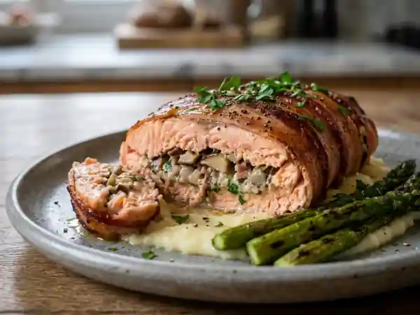 Saumon rôti aux cèpes et lard croustillant - Photo de présentation