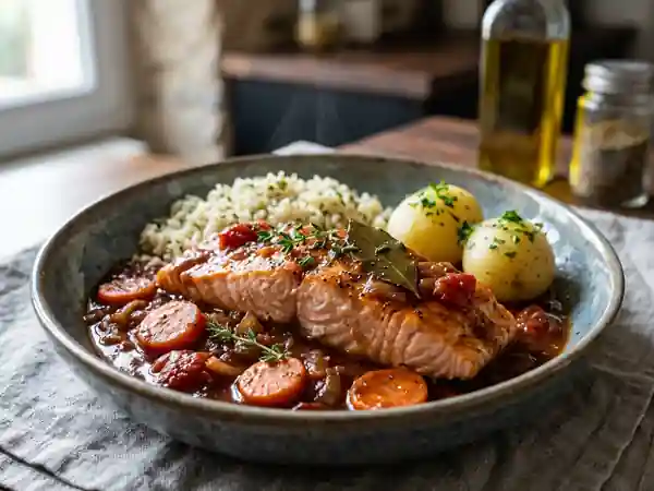 Saumon fondant braisé au vin rouge - Photo de présentation