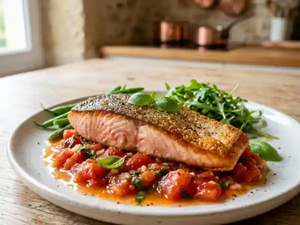 Saumon grillé à la sauce tomate fraîche et basilic parfumé - Photo de présentation