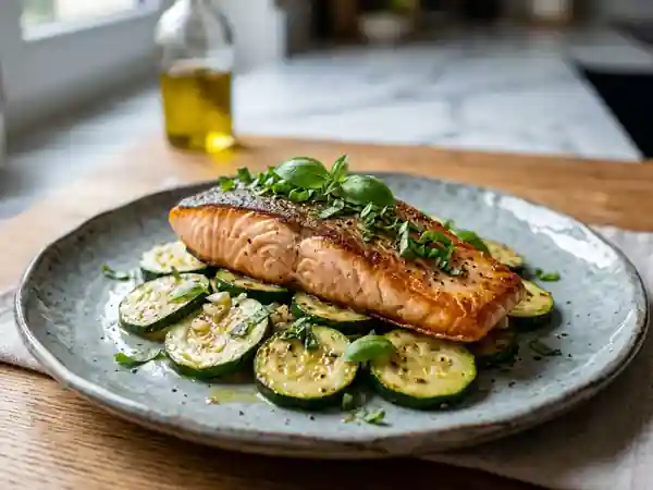 Saumon poêlé au basilic et courgettes croquantes - Photo de présentation