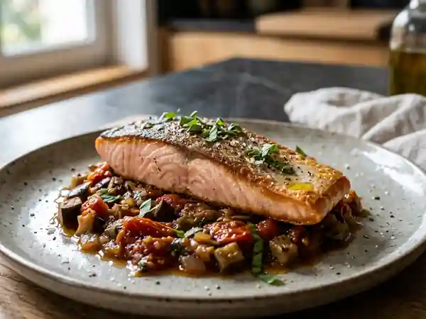 Saumon poêlé et confit fondant tomate-aubergine - Photo de présentation