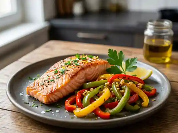 Saumon grillé aux trois poivrons colorés et sauce légère - Photo de présentation