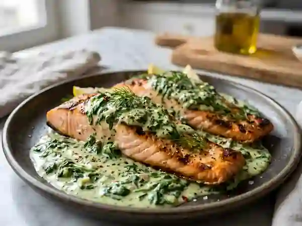 Saumon grillé et crème aux épinards - Photo de présentation
