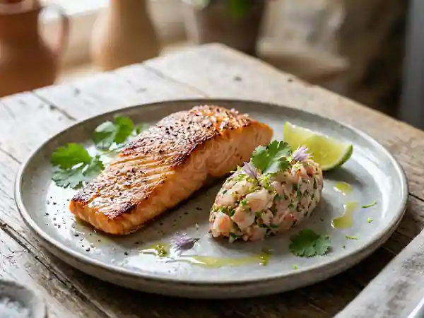 Saumon grillé façon Charminar et tartare de crevettes fraîches - Photo de présentation