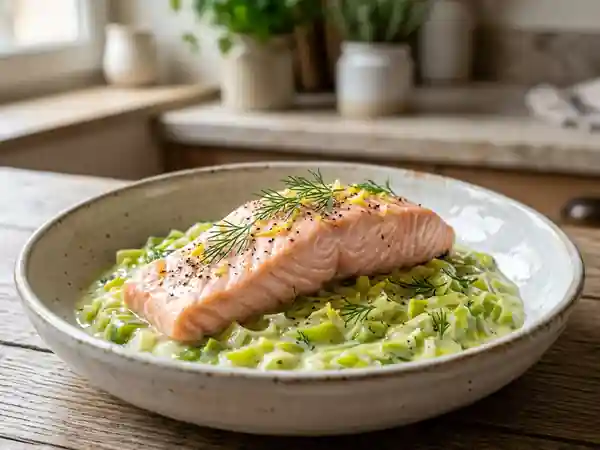 Saumon fondant et sa crème de poireaux - Photo de présentation