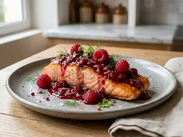 Saumon rôti au coulis acidulé framboise-miel - Photo de présentation