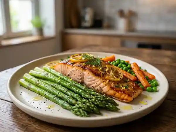 Saumon rôti aux asperges vertes et légumes croquants - Photo de présentation
