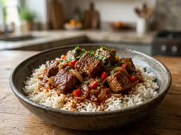 Sauté d'agneau savoureux accompagné de riz parfumé - Photo de présentation