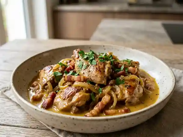 Sauté de lapin crémeux au curry et lardons - Photo de présentation