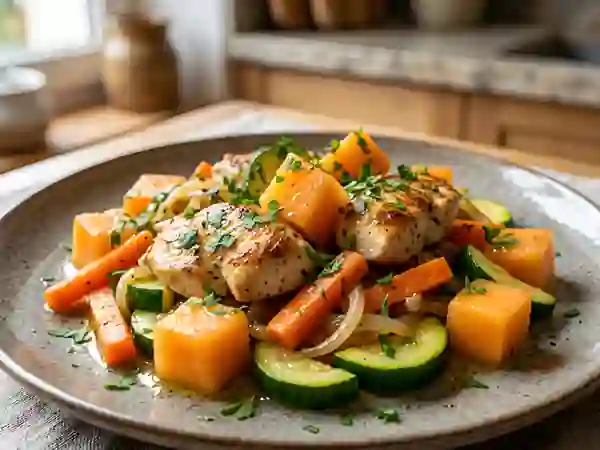 Sauté de poulet au melon et légumes croquants - Photo de présentation