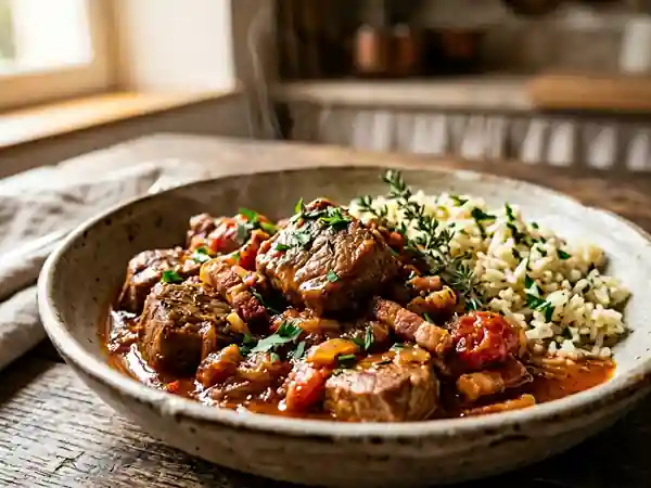 Veau fondant, lardons fumés et sauce au rosé - Photo de présentation