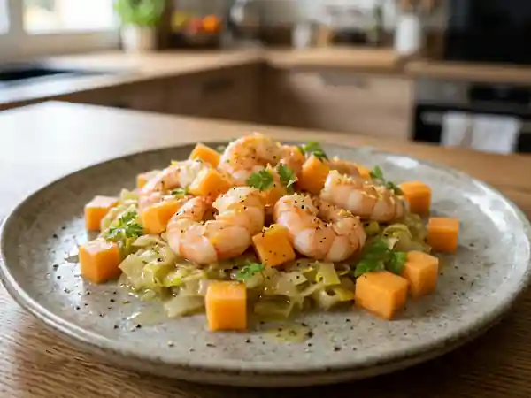 Scampi aux poireaux fondants et melon frais : recette gourmande et légère - Photo de présentation