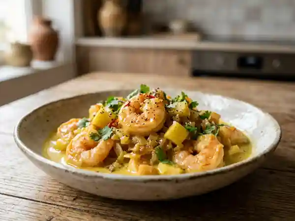 Scampis au curry et pommes croquantes - Photo de présentation