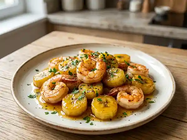 Scampis sautés à la banane caramélisée : recette exotique et gourmande - Photo de présentation