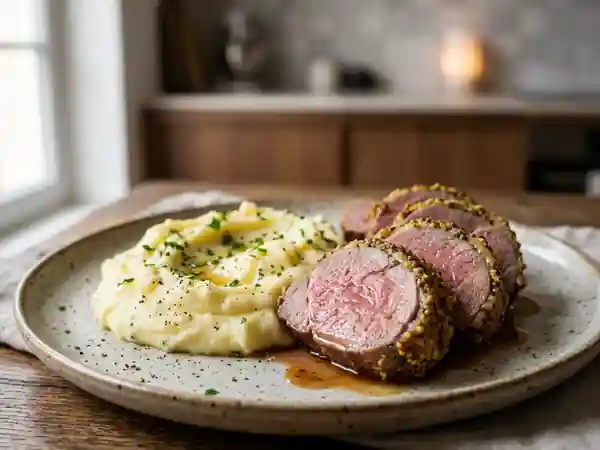 Selle d'agneau moutardée accompagnée d'une purée onctueuse - Photo de présentation