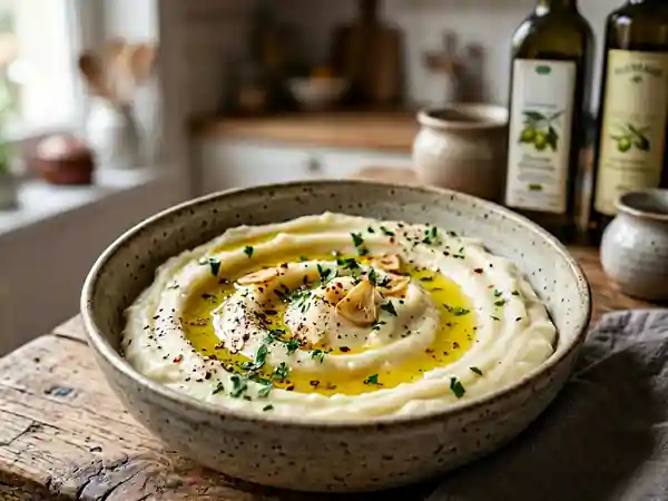 Skordalia crémeuse à l'ail et huile d'olive - Photo de présentation