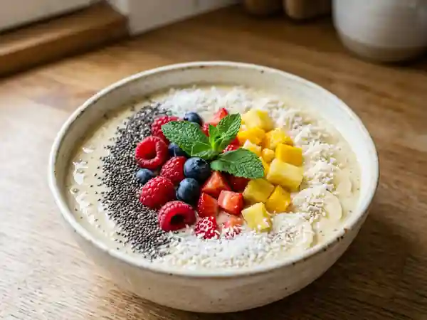 Smoothie bowl coco aux fruits tropicaux frais et rafraîchissants - Photo de présentation
