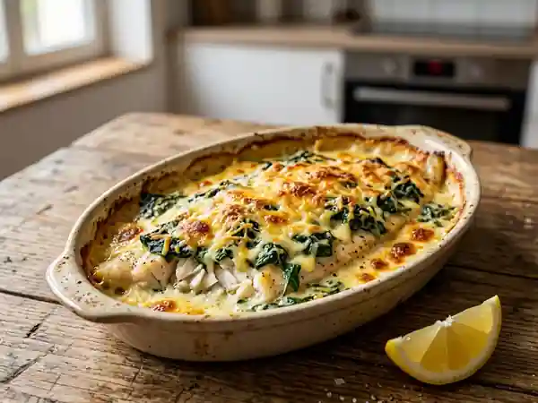Soles gratinées à la crème et épinards frais - Photo de présentation