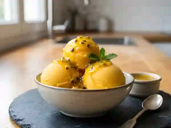 Sorbet mangue velouté et coulis acidulé - Photo de présentation