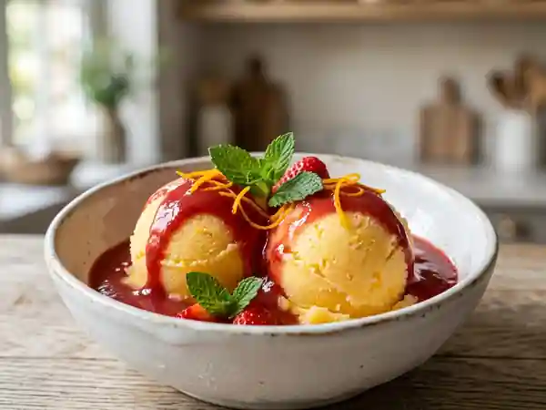 Sorbet orange givré et coulis de fraise onctueux - Photo de présentation