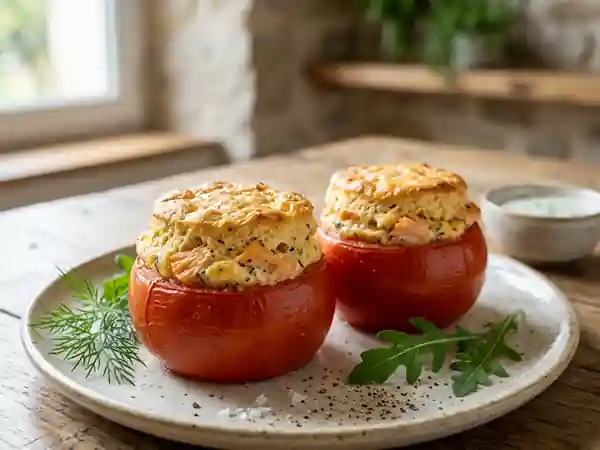 Soufflé de saumon frais en coque de tomate fondante - Photo de présentation