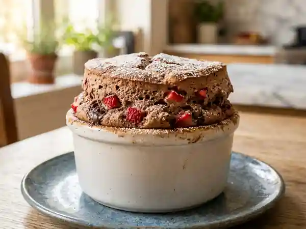 Soufflé aérien chocolat et éclats de fraises - Photo de présentation