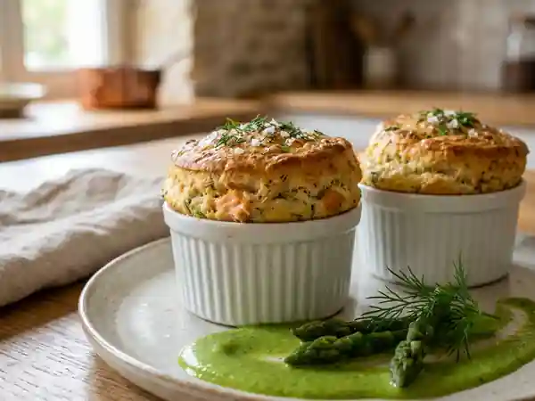 Soufflé aérien de sole, saumon et asperges - Photo de présentation