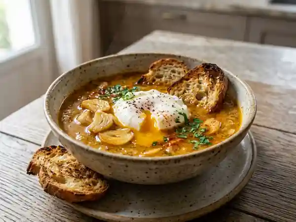 Soupe à l'ail fumée et son pain doré - Photo de présentation