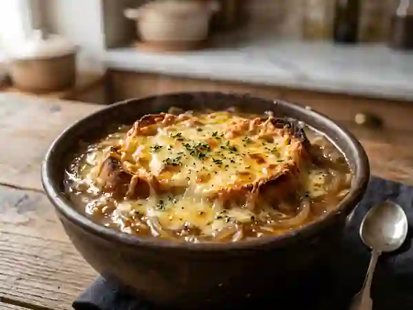 Soupe à l'oignon au champagne, gratin intense - Photo de présentation