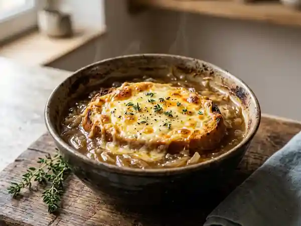 Soupe à l'oignon gratinée au camembert : recette gourmande et réconfortante - Photo de présentation