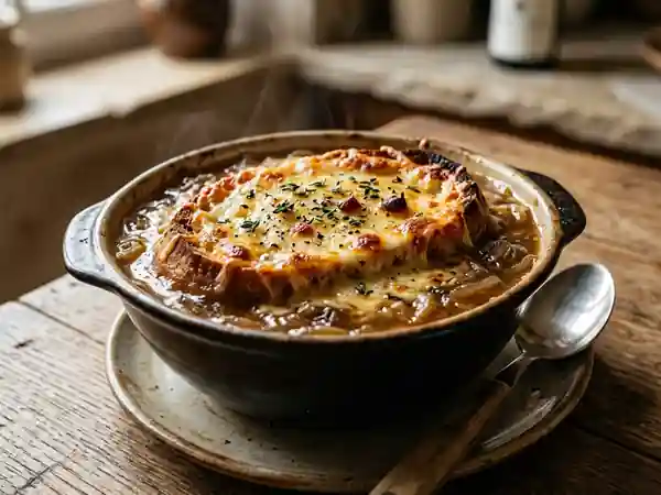Soupe à l'oignon gratinée et fondante - Photo de présentation