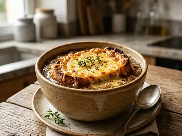 Soupe à l'oignon gratinée traditionnelle anglaise - Photo de présentation