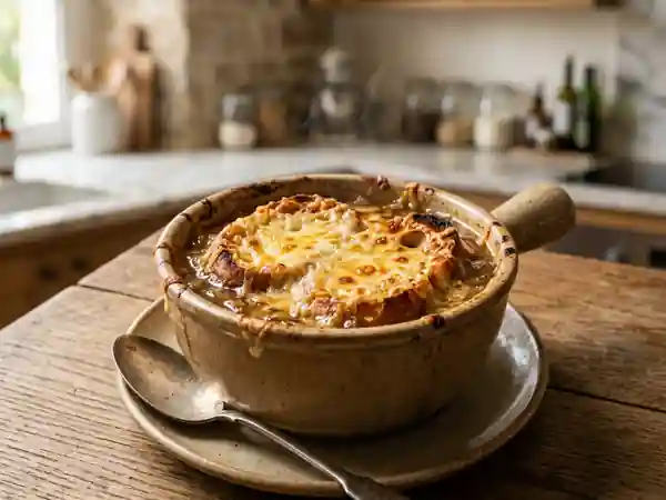 Soupe à l'oignon gratinée au gruyère fondu - Photo de présentation