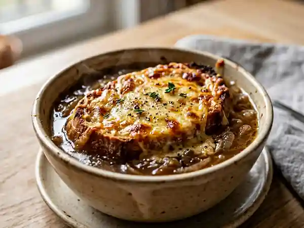 Soupe à l'oignon gratinée et fondante - Photo de présentation