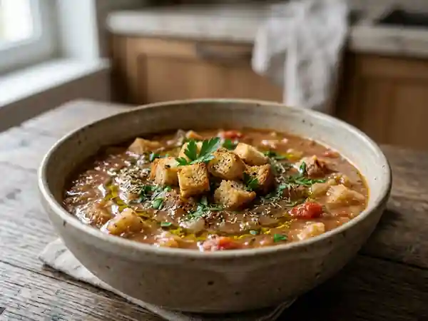 Soupe au pain rustique à l'ail et tomates - Photo de présentation