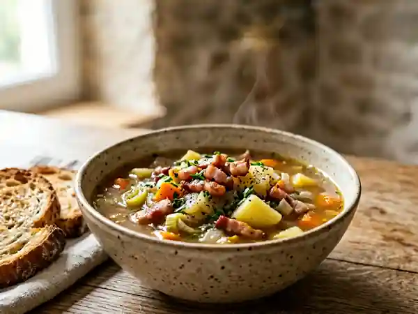 Soupe campagnarde rustique aux légumes et lardons - Photo de présentation