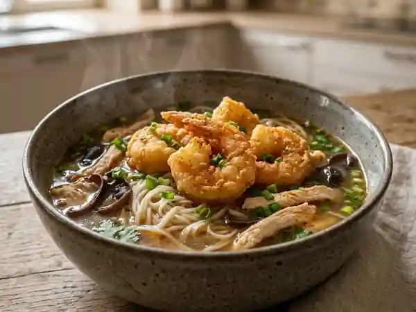 Bouillon parfumé au poulet et crevettes frites - Photo de présentation