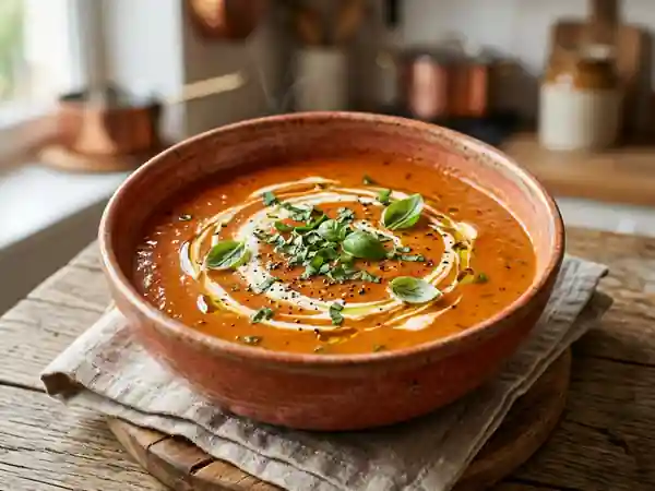 Soupe crémeuse de tomates fraîches aux herbes aromatiques - Photo de présentation