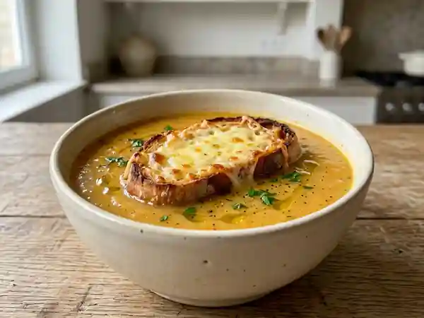 Soupe de légumes gourmande au pain grillé et gruyère fondant - Photo de présentation