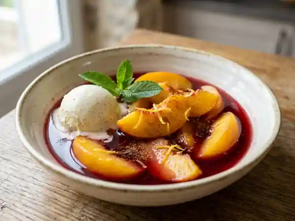 Pêches fondantes au vin rouge et cannelle - Photo de présentation