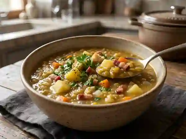 Soupe de pois cassés rustique aux lardons - Photo de présentation