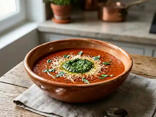 Soupe de tomates maison au pistou frais - Photo de présentation