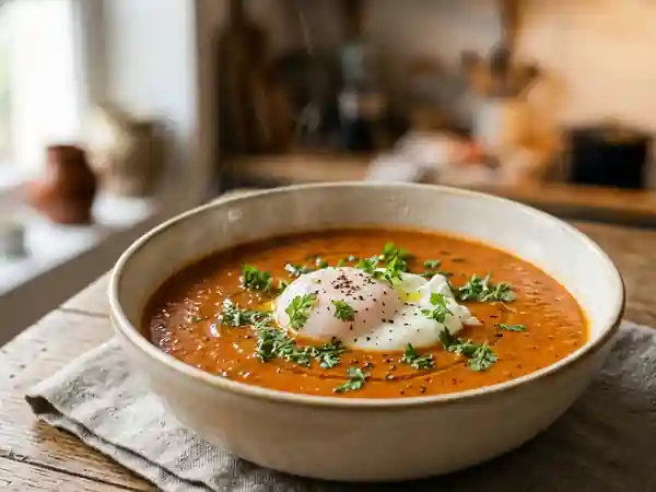Soupe de tomates onctueuse et œuf poché - Photo de présentation