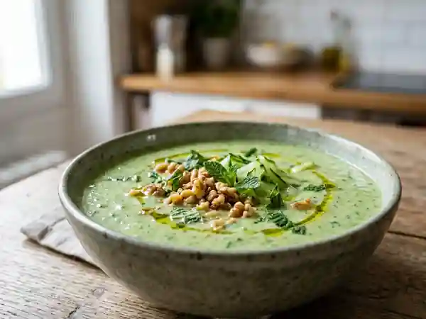 Soupe fraîche de concombre aux noix croquantes - Photo de présentation