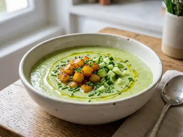 Soupe fraîche de concombre et pommes de terre glacées, recette légère et savoureuse - Photo de présentation