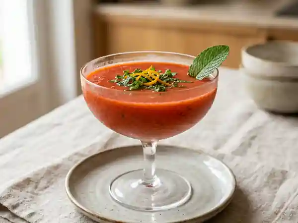 Soupe fraîche de fraises à l'orange, un dessert fruité et léger - Photo de présentation