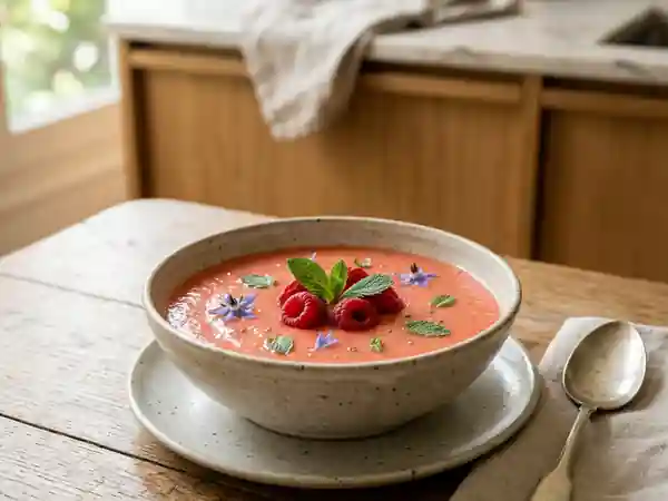 Soupe fraîche de melon aux framboises : recette gourmande et légère - Photo de présentation