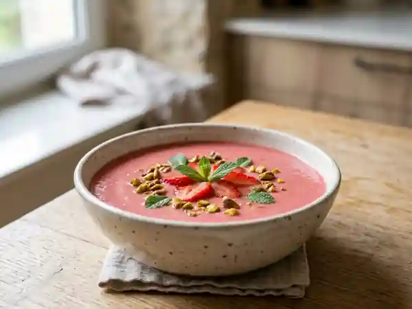 Soupe fraîche de pistaches et fraises : recette gourmande et saine - Photo de présentation