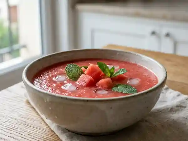 Soupe froide ultra rafraîchissante à la pastèque et à la menthe - Photo de présentation